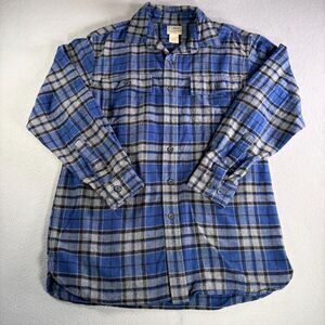 L L Bean Flannel Shirt Mens Medium Chamois Plaid Gray  Blue Y2K Vtg Reg 277981